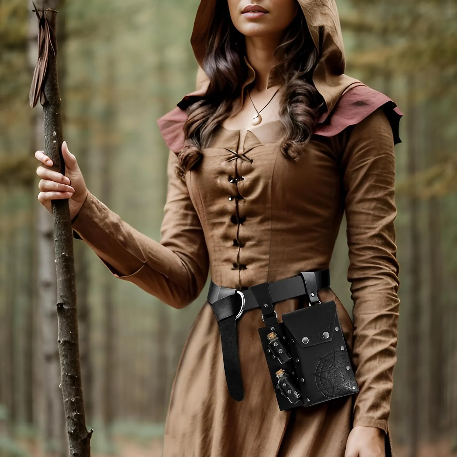 Medieval Alchemy Faux Leather Belt Bag with, Fantasy Wizard Renaissance Waist Pouches for Halloween Cosplay Costume