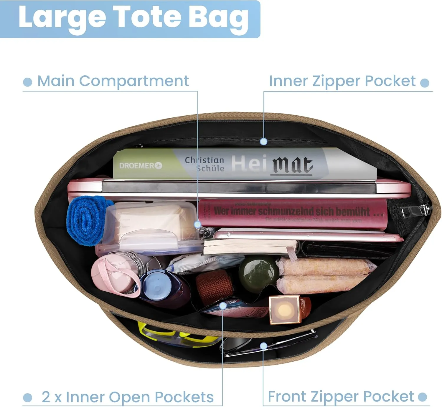 MIYCOO Beach Bag, Tote Bag for Women with Trolley Sleeve Large Canvas Tote Bag Waterproof Sandproof for Travel Work Gym
