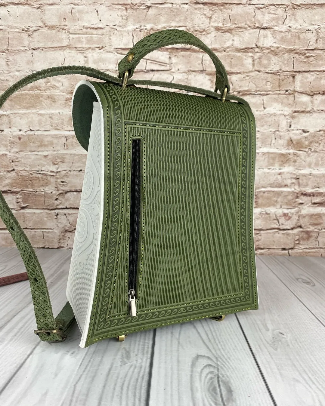 Olive&White Leather Backpack Handmade