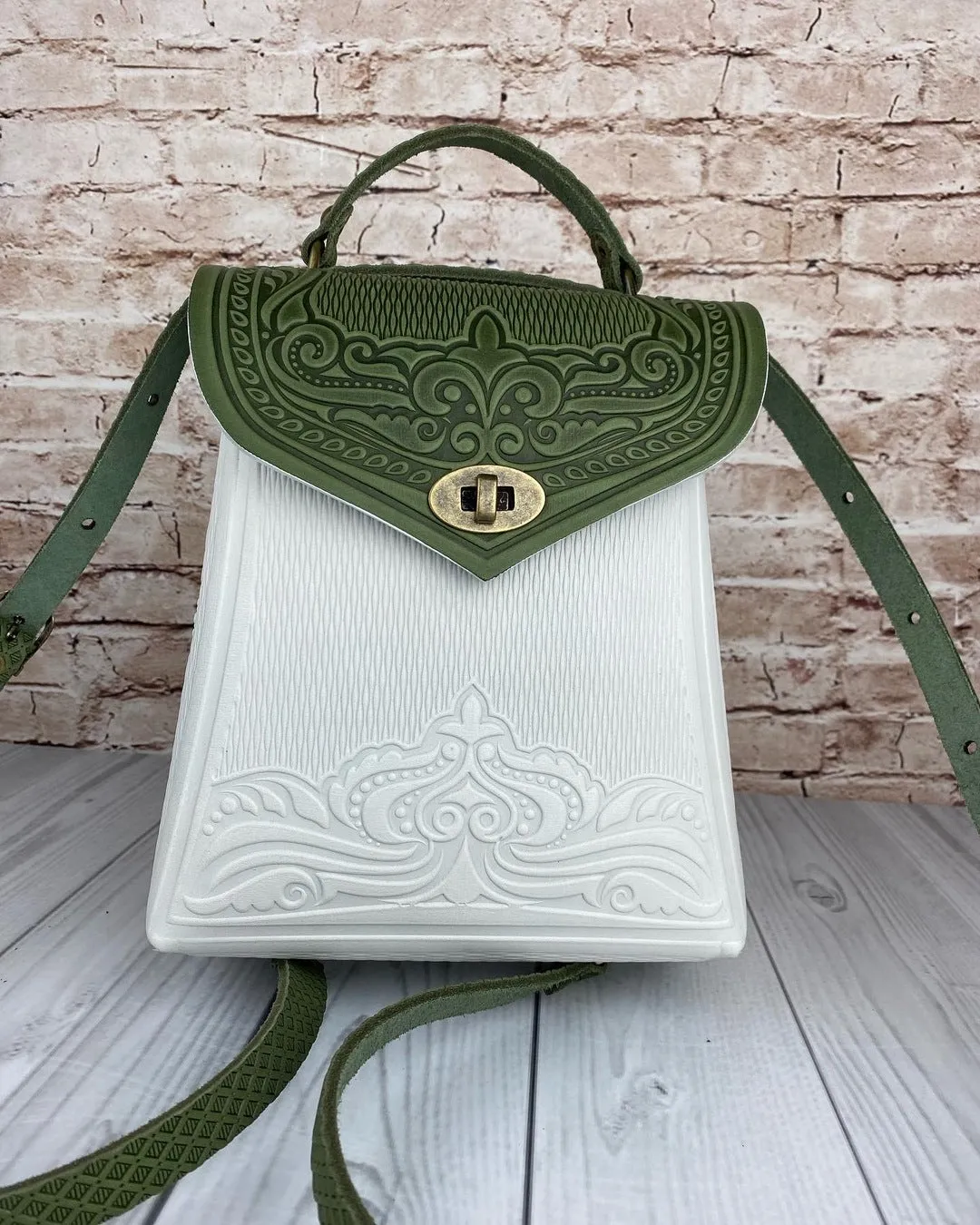 Olive&White Leather Backpack Handmade