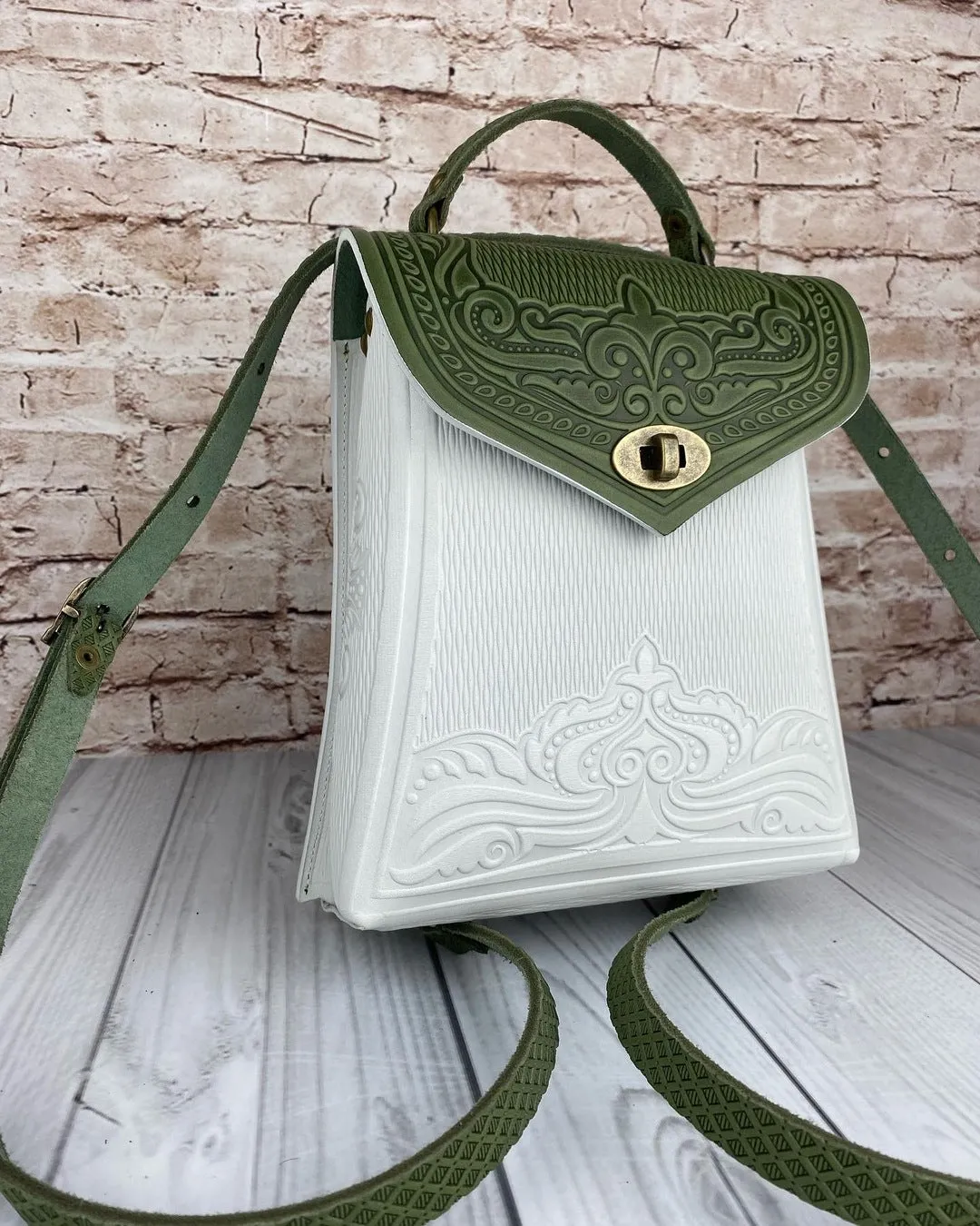 Olive&White Leather Backpack Handmade