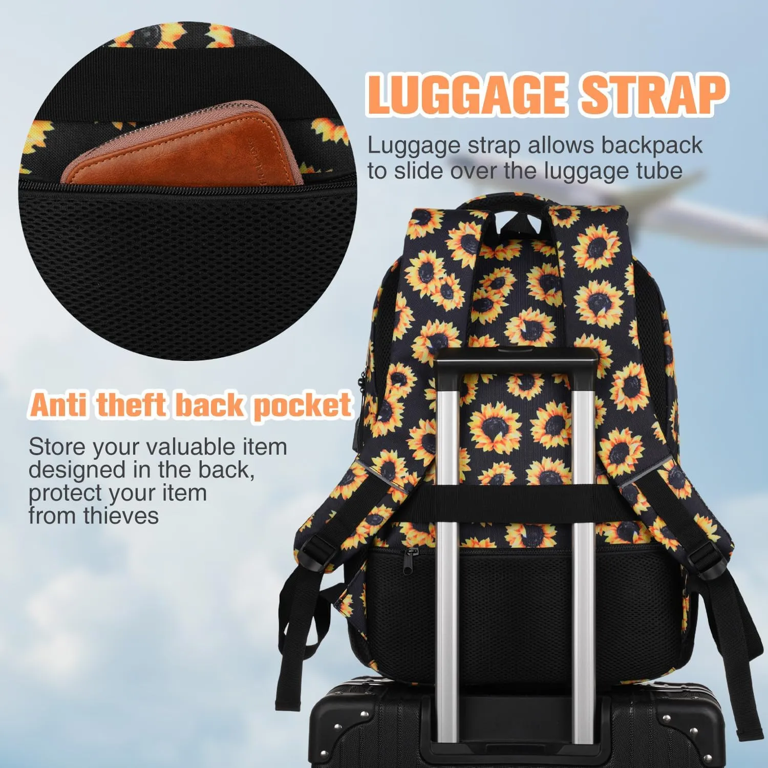 Paude Backpack Sunflower Printing,Cute Backpack Casual Bookbag with USB for High School College Students