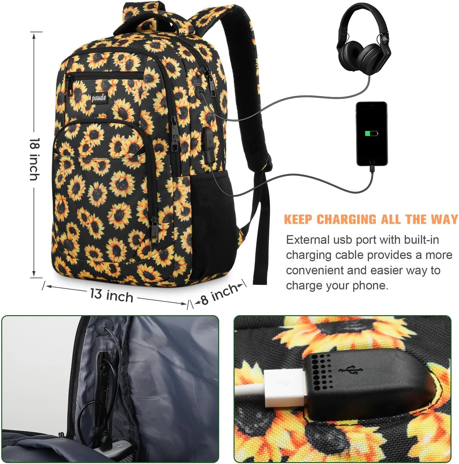 Paude Backpack Sunflower Printing,Cute Backpack Casual Bookbag with USB for High School College Students