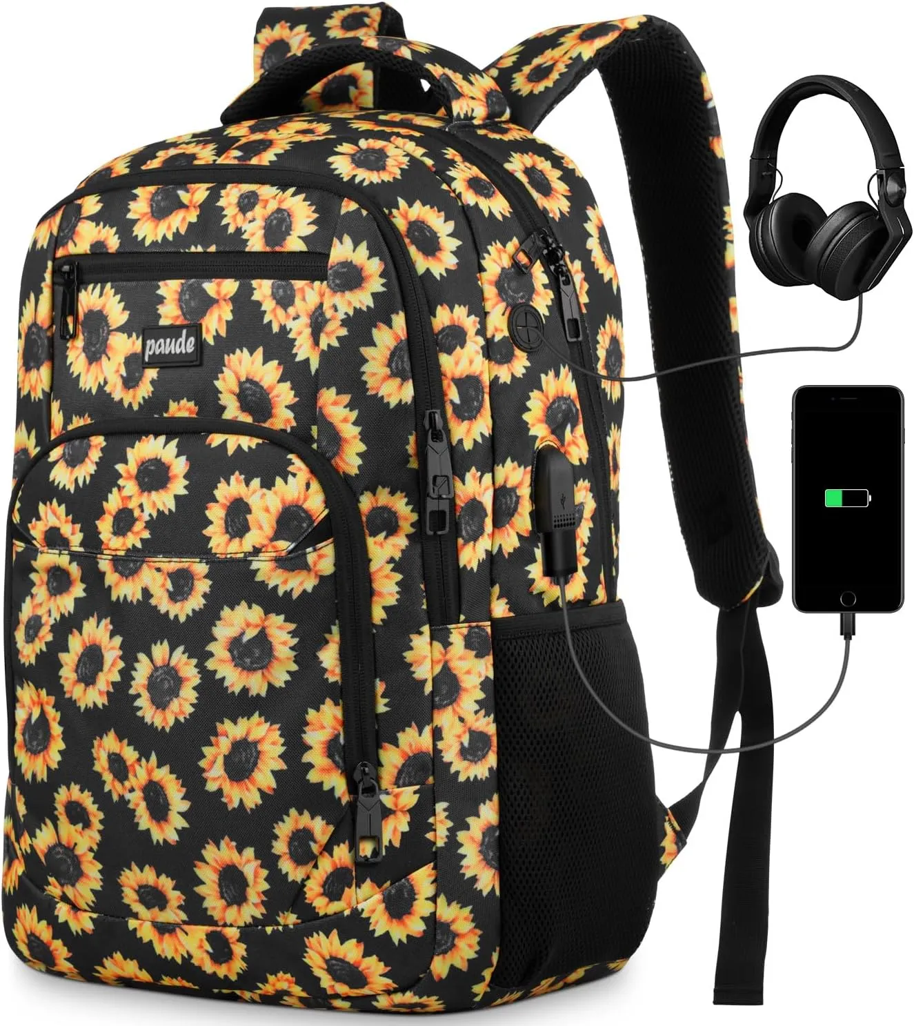 Paude Backpack Sunflower Printing,Cute Backpack Casual Bookbag with USB for High School College Students