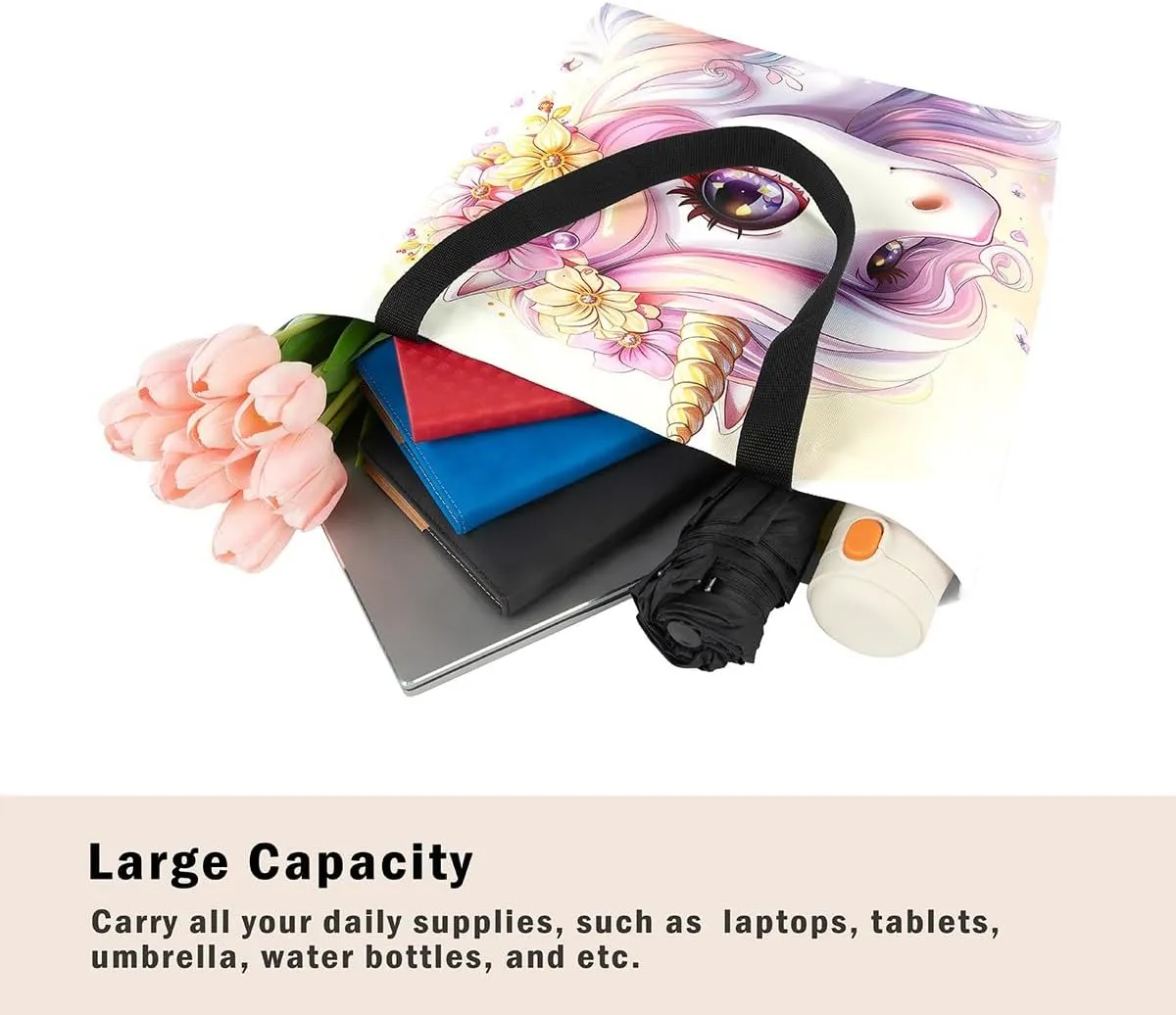 Rainbow Unicorn Canvas Tote Bag for Women Cute Cartoon Unicorn Canvas Bag