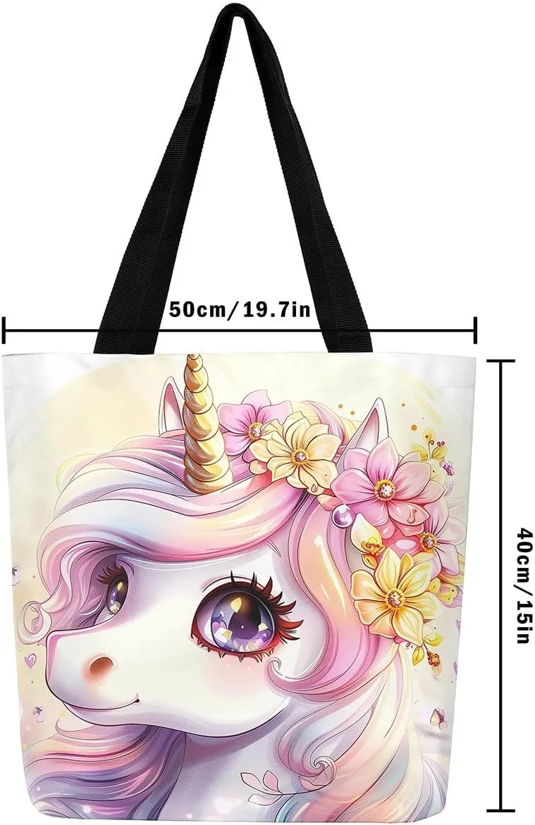 Rainbow Unicorn Canvas Tote Bag for Women Cute Cartoon Unicorn Canvas Bag