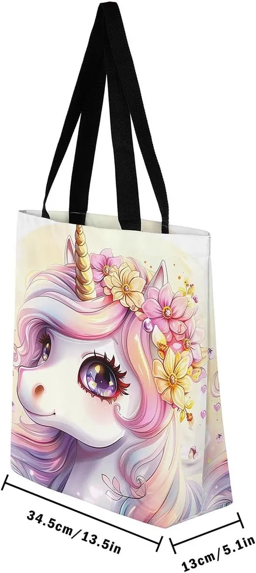 Rainbow Unicorn Canvas Tote Bag for Women Cute Cartoon Unicorn Canvas Bag