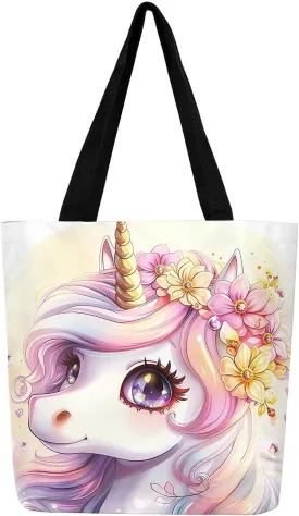 Rainbow Unicorn Canvas Tote Bag for Women Cute Cartoon Unicorn Canvas Bag