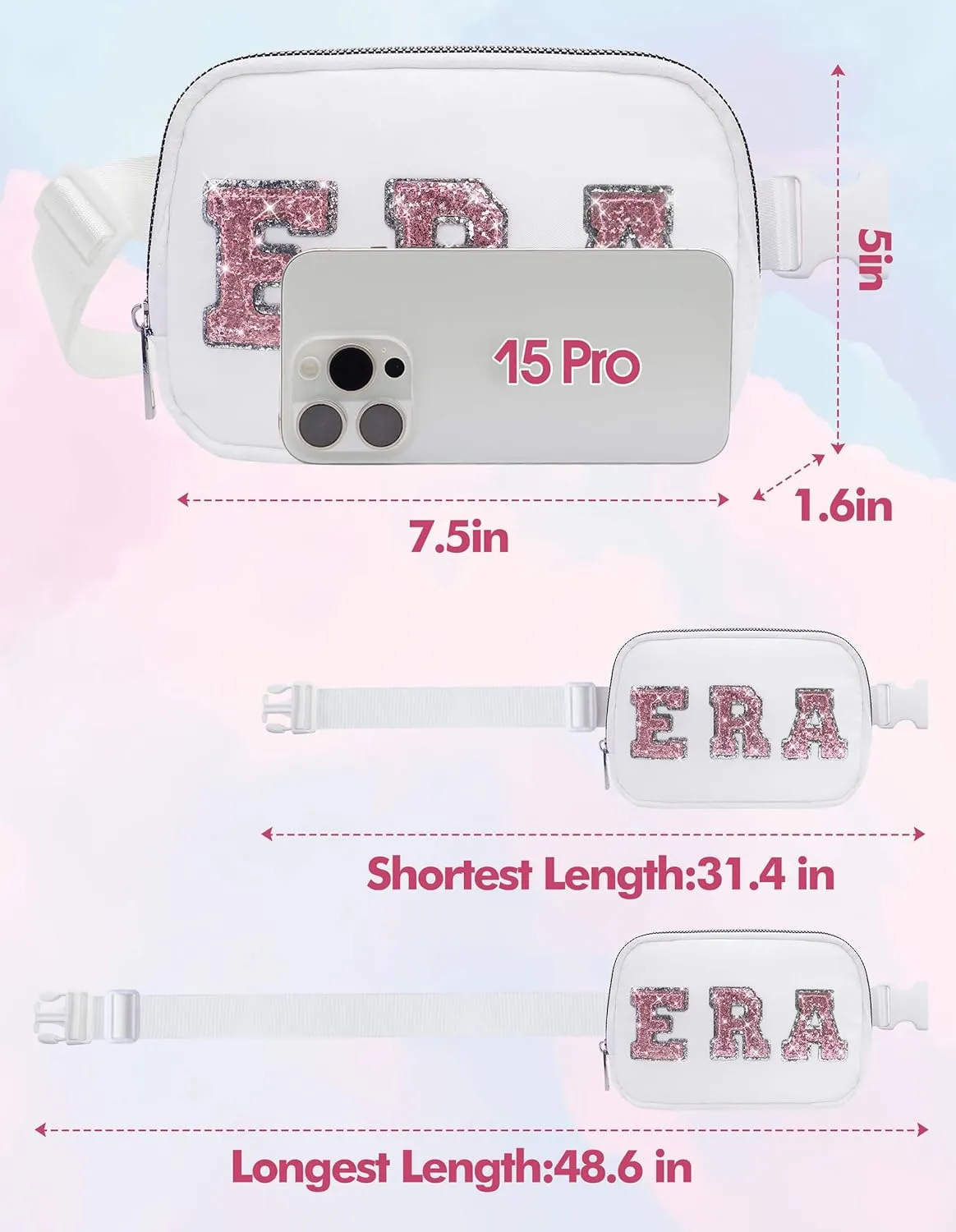 Sequins Letters Era Fanny Packs for Women Girls, Nylon Crossbody Bags Tour Trendy Stuff Gifts for Her, Singer Merch Everywhere Belt Bag Christmas Birthday Party Favors for Music Lovers Fans White