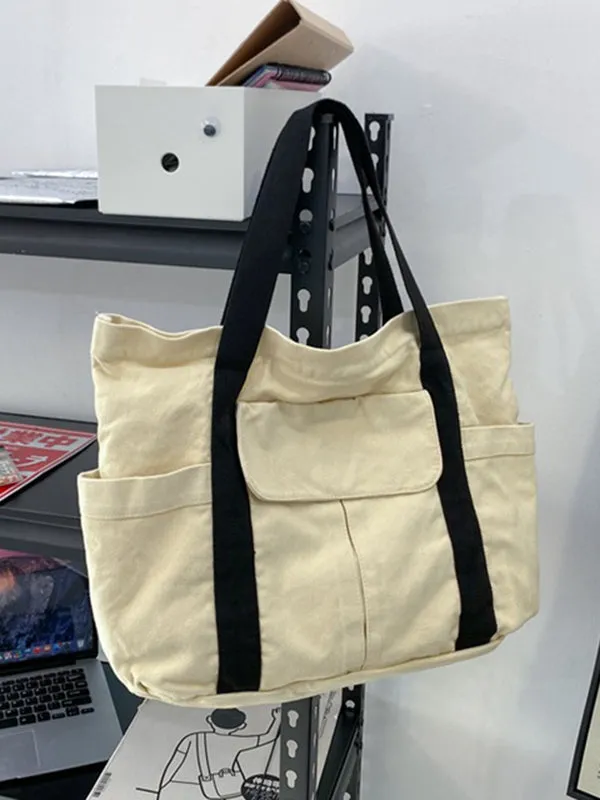 Simple Casual 3 Colors Canvas Big Pocket Bag
