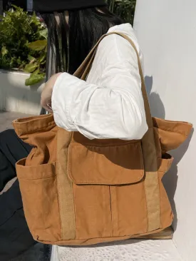 Simple Casual 3 Colors Canvas Big Pocket Bag