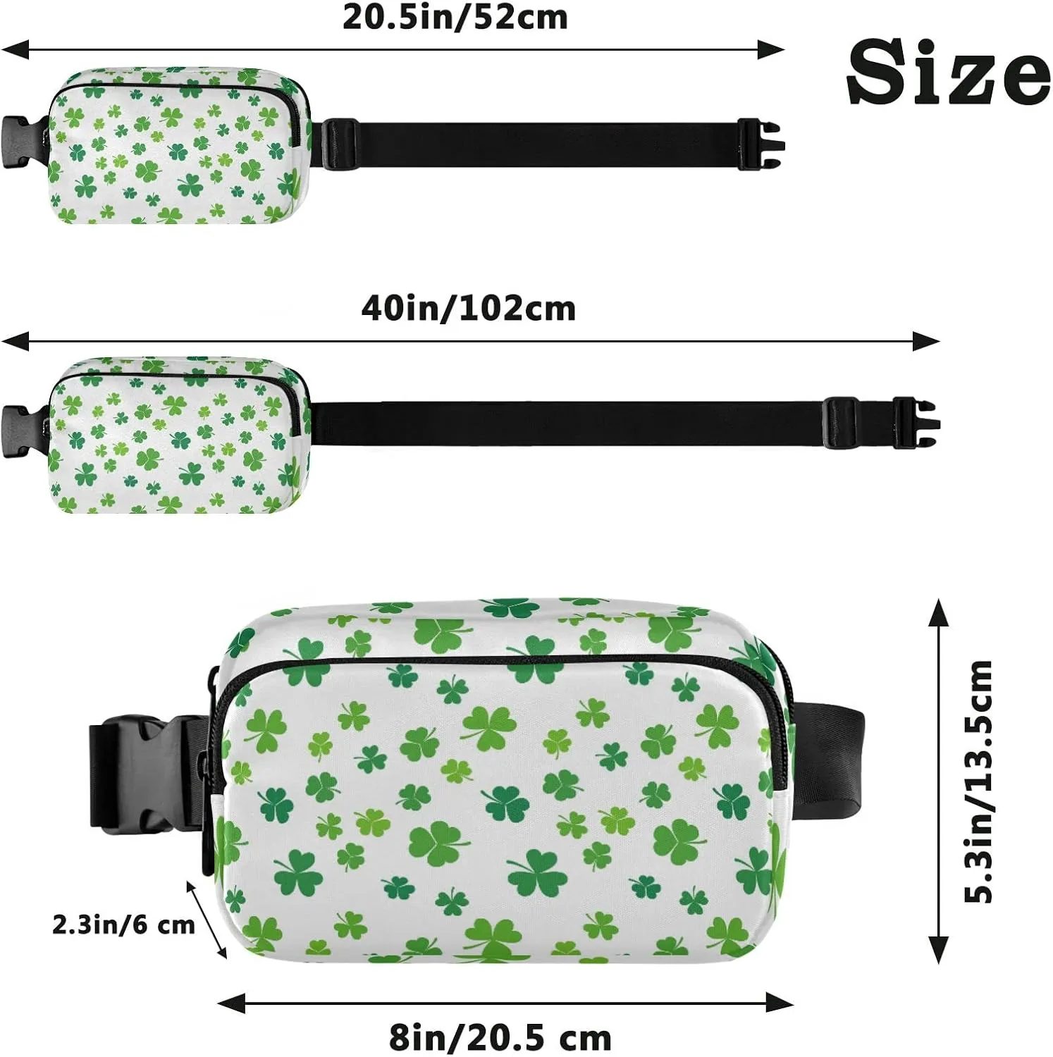 St Patrick's Day Green Seamless Shamrock Clover Lucky Four Leaves Adjustable Fanny Waist Pack Pouch, Waterproof Runners Sports Waist Pack Wallet for Sports Hiking Fitness Cycling Gym Women Men