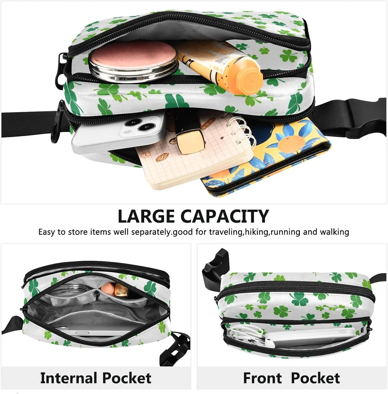 St Patrick's Day Green Seamless Shamrock Clover Lucky Four Leaves Adjustable Fanny Waist Pack Pouch, Waterproof Runners Sports Waist Pack Wallet for Sports Hiking Fitness Cycling Gym Women Men