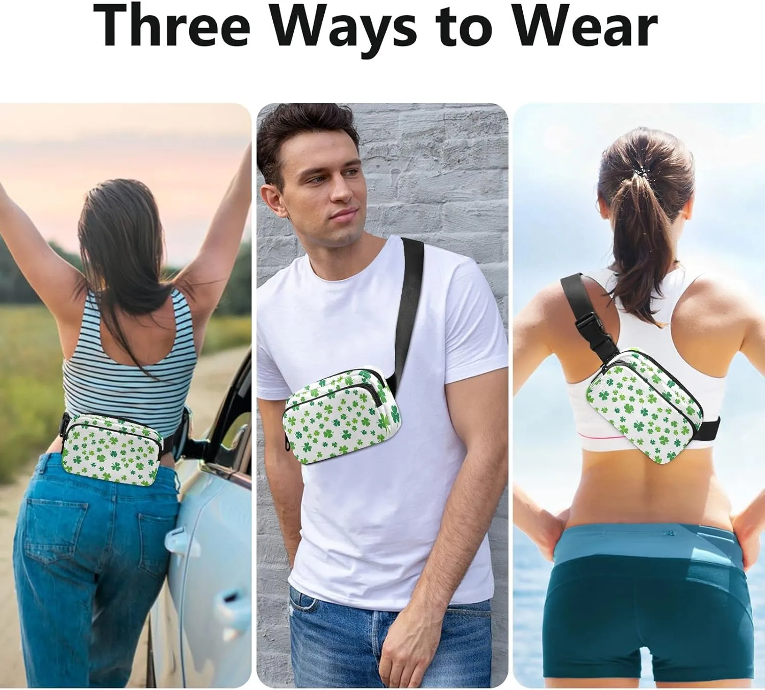 St Patrick's Day Green Seamless Shamrock Clover Lucky Four Leaves Adjustable Fanny Waist Pack Pouch, Waterproof Runners Sports Waist Pack Wallet for Sports Hiking Fitness Cycling Gym Women Men