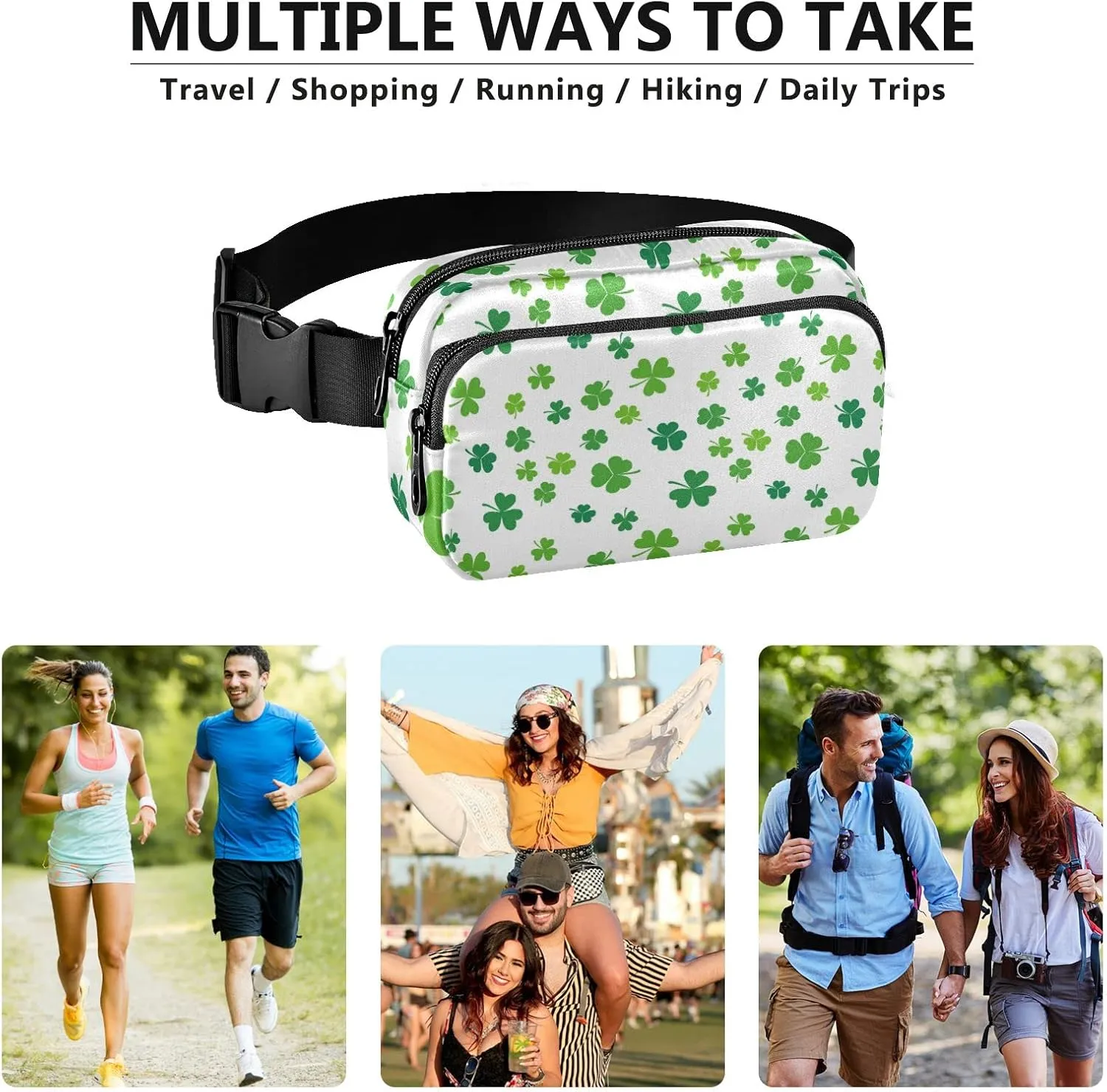 St Patrick's Day Green Seamless Shamrock Clover Lucky Four Leaves Adjustable Fanny Waist Pack Pouch, Waterproof Runners Sports Waist Pack Wallet for Sports Hiking Fitness Cycling Gym Women Men