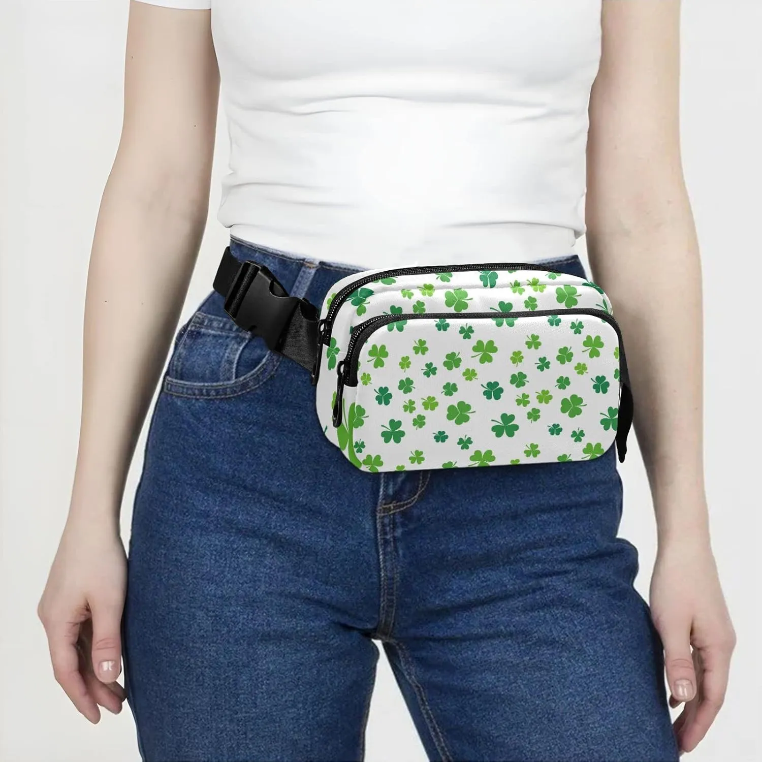 St Patrick's Day Green Seamless Shamrock Clover Lucky Four Leaves Adjustable Fanny Waist Pack Pouch, Waterproof Runners Sports Waist Pack Wallet for Sports Hiking Fitness Cycling Gym Women Men