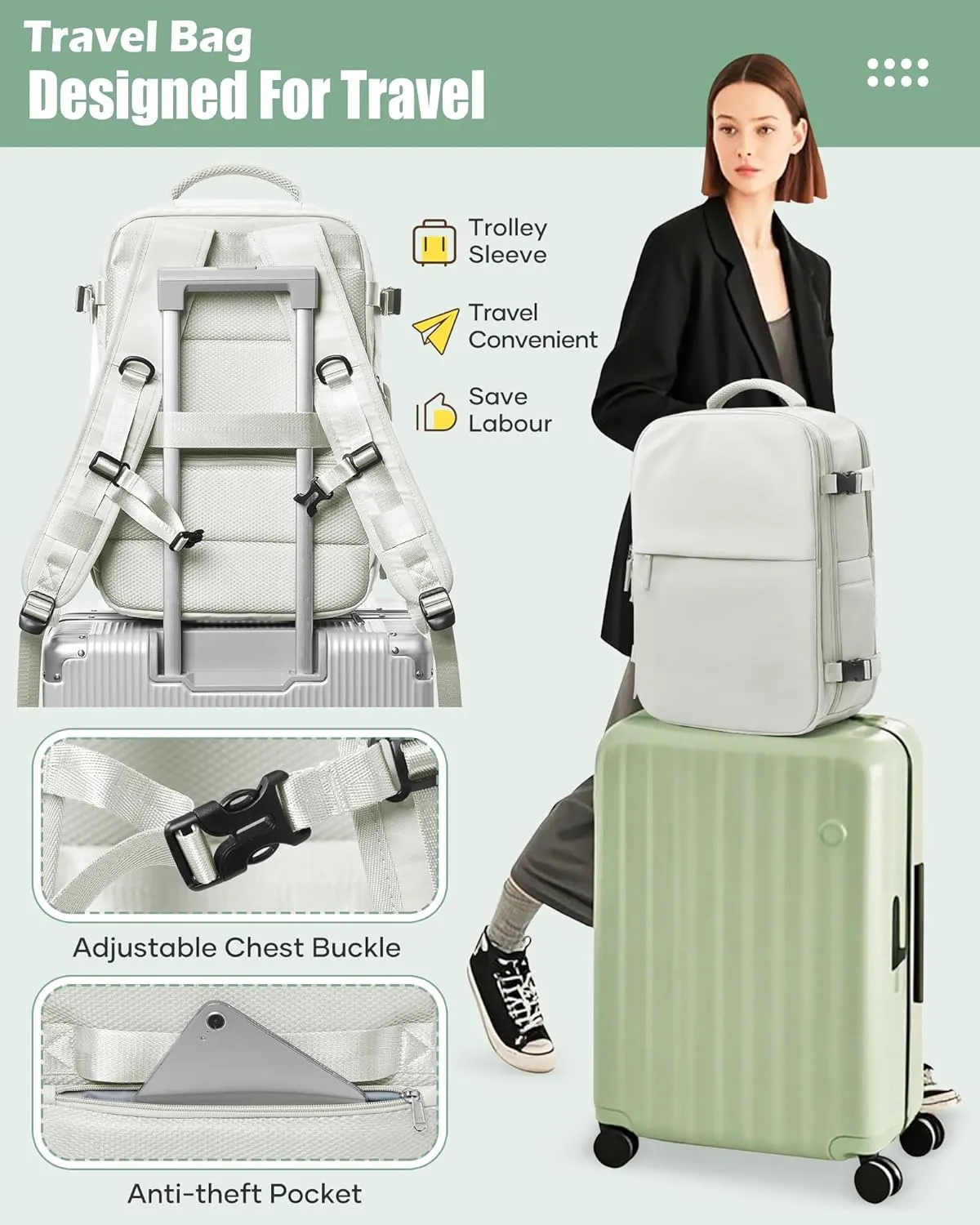 suradar Vacuum Seal Compression Travel Backpack for Women Men Airback Vacpack Travel Vacuum Bags with Pump Laptop Backpack with Shoe Compartment Carry On Suitcase Luggage Flight Approved White