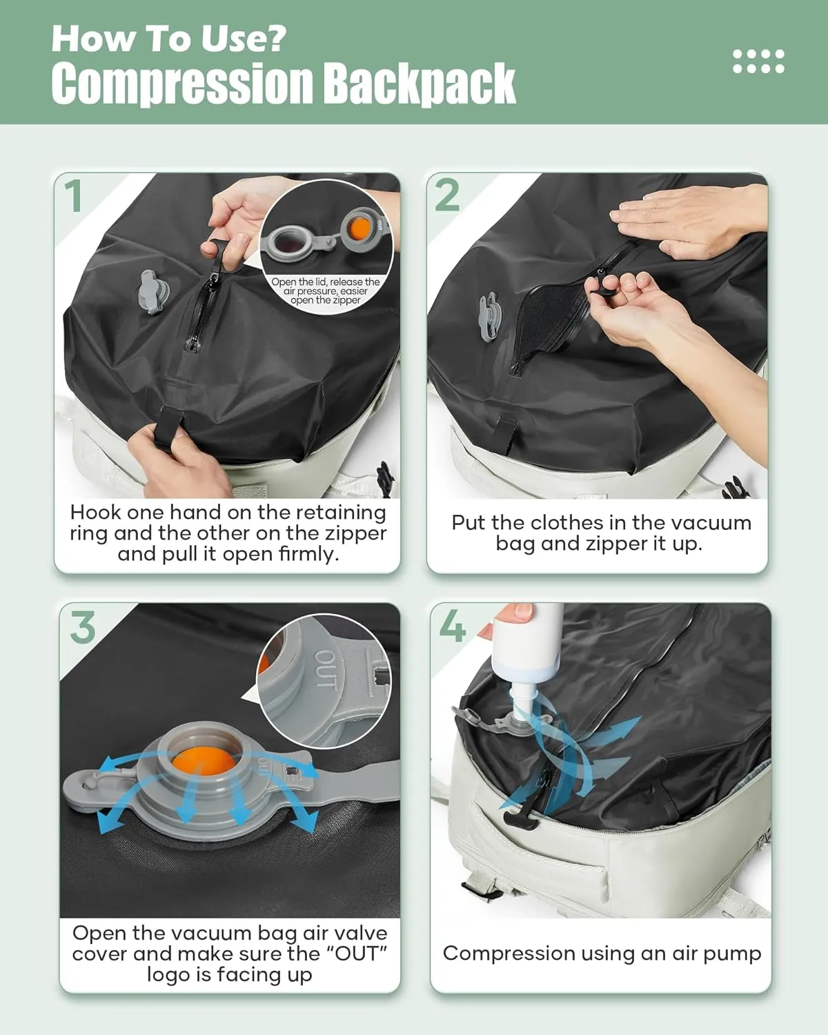 suradar Vacuum Seal Compression Travel Backpack for Women Men Airback Vacpack Travel Vacuum Bags with Pump Laptop Backpack with Shoe Compartment Carry On Suitcase Luggage Flight Approved White