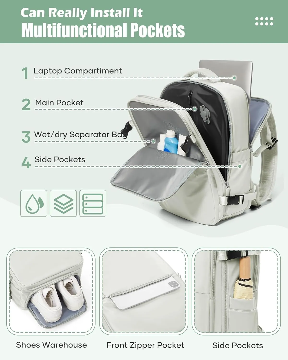 suradar Vacuum Seal Compression Travel Backpack for Women Men Airback Vacpack Travel Vacuum Bags with Pump Laptop Backpack with Shoe Compartment Carry On Suitcase Luggage Flight Approved White