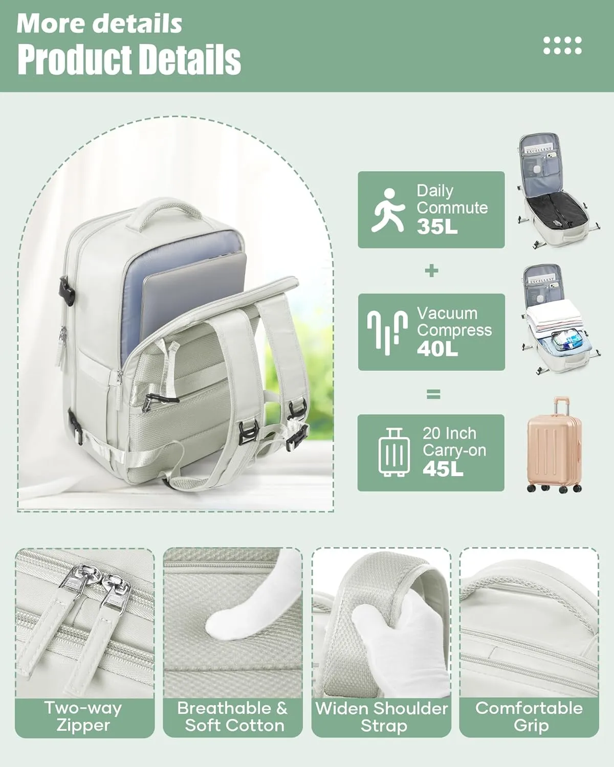 suradar Vacuum Seal Compression Travel Backpack for Women Men Airback Vacpack Travel Vacuum Bags with Pump Laptop Backpack with Shoe Compartment Carry On Suitcase Luggage Flight Approved White