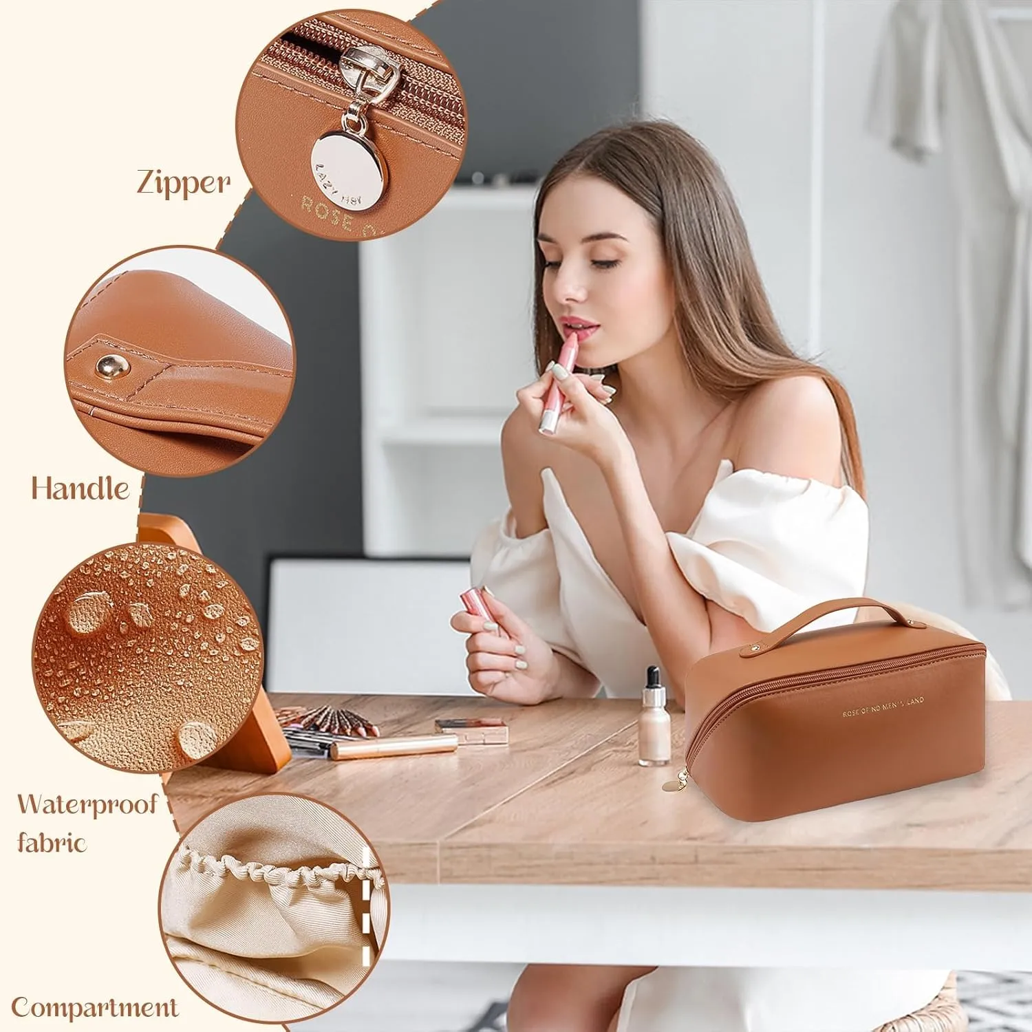 Travel Makeup Bag, Large Capacity Travel Cosmetic Bag for Women, Waterproof Portable Two-Way Zipper Toiletry Bag,Organizer Bag With Dividers and Handle (brown)