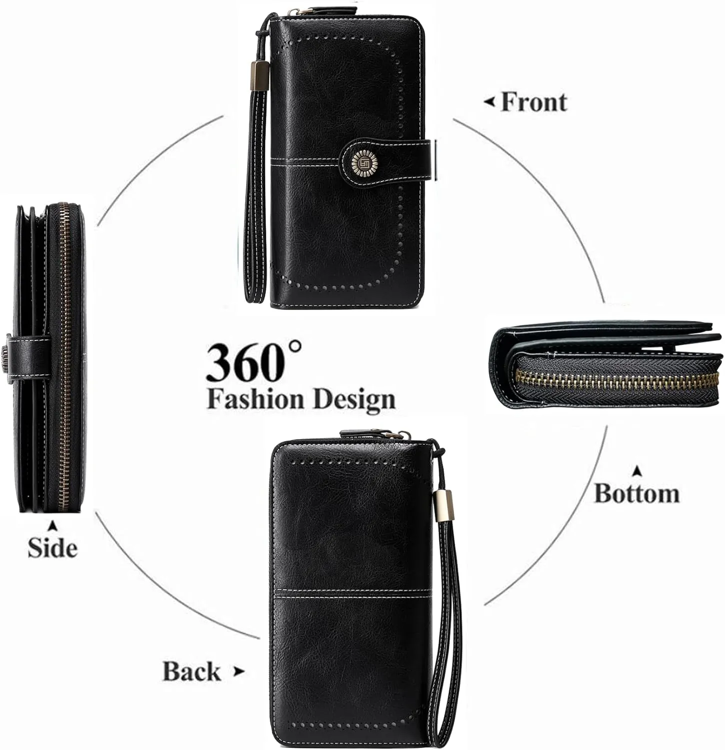 VONCOSS Women Fashion Zip Around Wallet Large Capacity Long Purse Credit Card Phone Holder Clutch with RFID Blocking and Wristlet Strap
