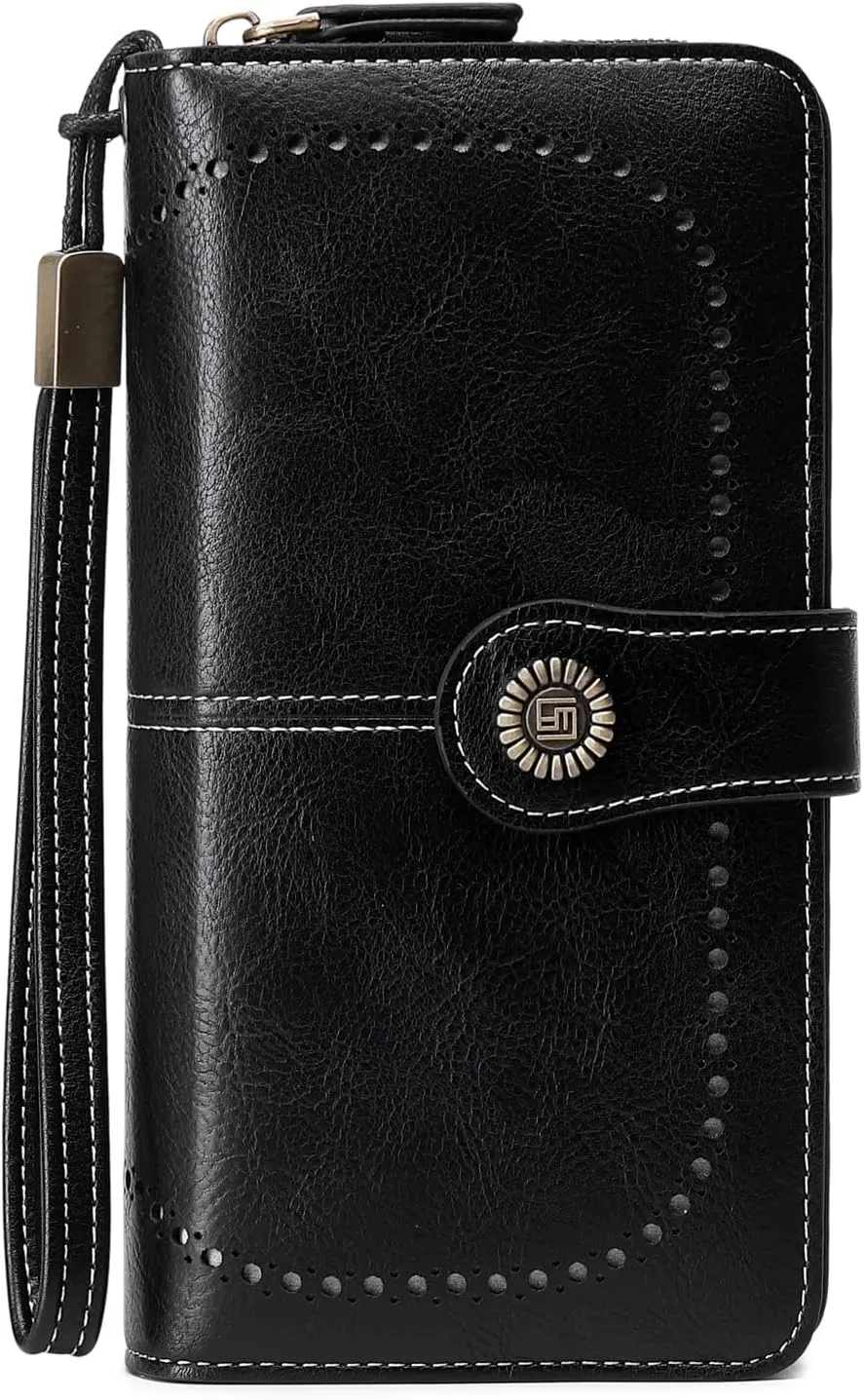 VONCOSS Women Fashion Zip Around Wallet Large Capacity Long Purse Credit Card Phone Holder Clutch with RFID Blocking and Wristlet Strap