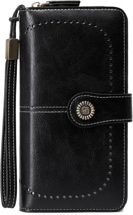 VONCOSS Women Fashion Zip Around Wallet Large Capacity Long Purse Credit Card Phone Holder Clutch with RFID Blocking and Wristlet Strap