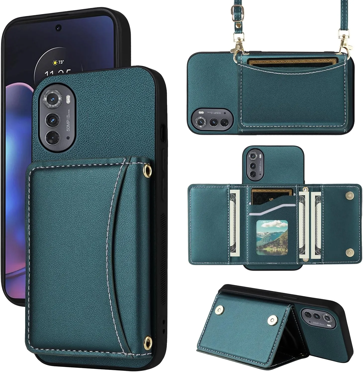 Wallet Case for Motorola Moto Edge 2022/MotoEdge 5G UW 2022 with Crossbody Strap Premium PU Leather Card Holder Shockproof Heavy Duty Cell Phone Cover for Gen 3 XT2205-1 XT2205-2 6.6 Green