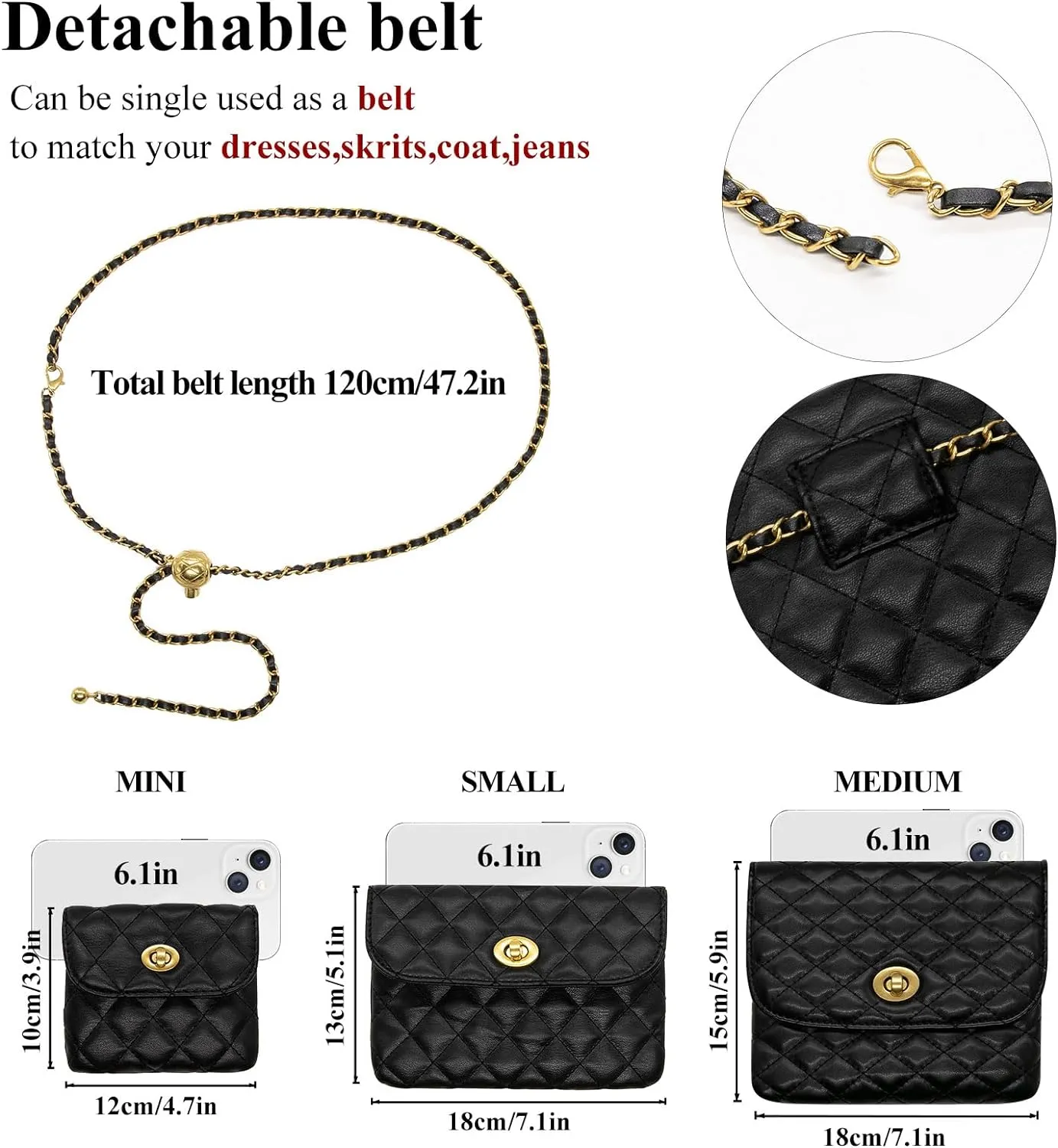 YAMEIZE PU Leather Chain Belt Bag for Women - Crossbody Waist Bag Fanny Pack Detachable Belt Chain Women Evening Mini Handbag